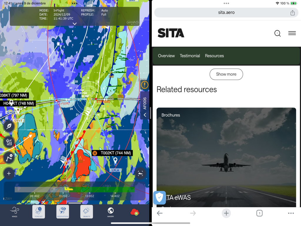 iPad split screen display featuring the SITA eWAS aviation weather map and company website resources