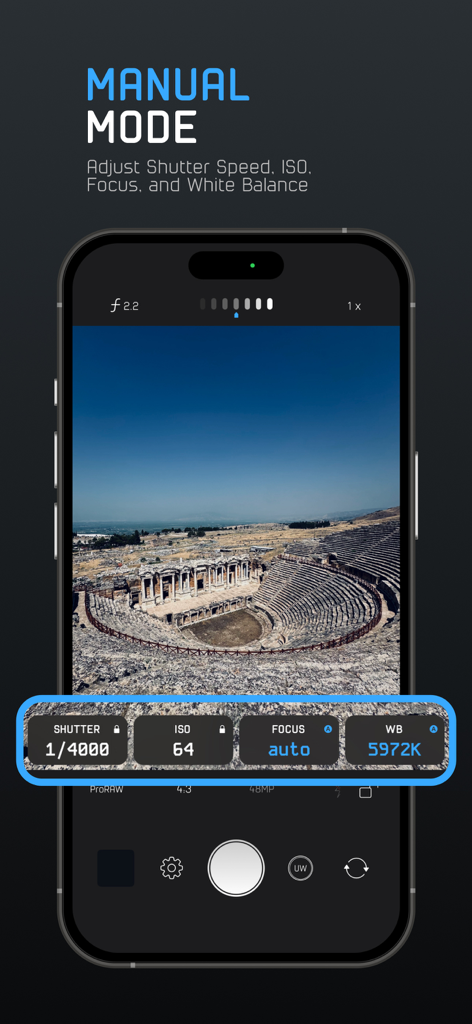 ProCam - Capture ProRAW photos - ProCam app manual mode interface showing shutter speed ISO focus and white balance controls over a landscape photo