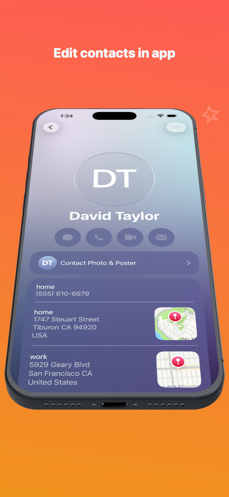 Screenshot of the Sidewalk app showing a detailed contact profile for David Taylor including home and work addresses with integrated map thumbnails