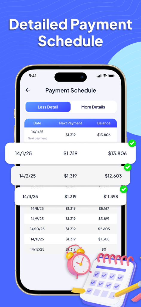 Loan Tracker: Smart Loan - Écran détaillé du calendrier des paiements dans l'application Loan Tracker montrant les dates de paiement et les soldes restants.