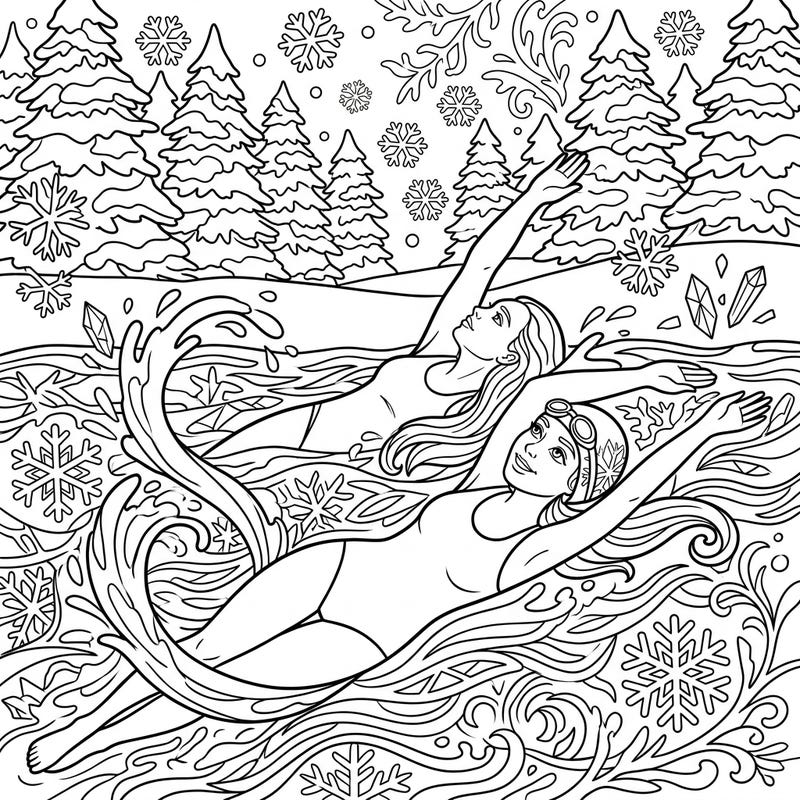 Experience the unique blend of athleticism and winter magic with this captivating coloring page. Two backstroke swimmers gracefully navigate icy waters amidst snow-dusted evergreens and delicate snowflakes.