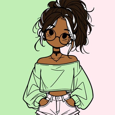 girl with a messy ponytail glasses a baggy crop top and jean shorts