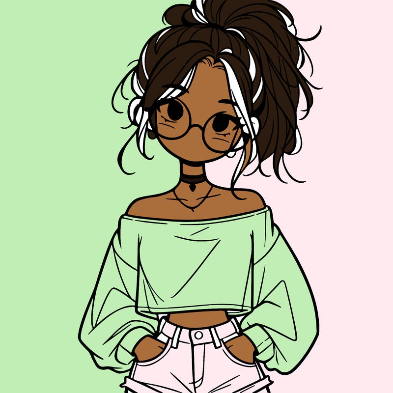 girl with a messy ponytail glasses a baggy crop top and jean shorts