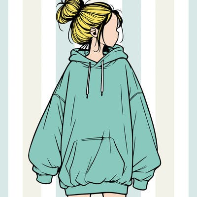 realistic girl with a oversized sweatshirt on and a bun