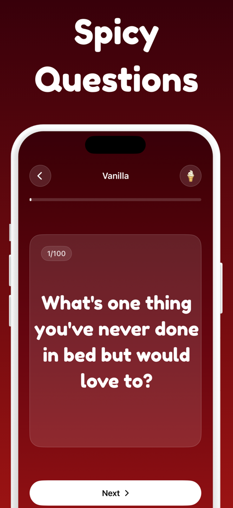 Dirty Questions - Exposed game - Screenshot of the Dirty Questions app showing a spicy conversation prompt for social gatherings.