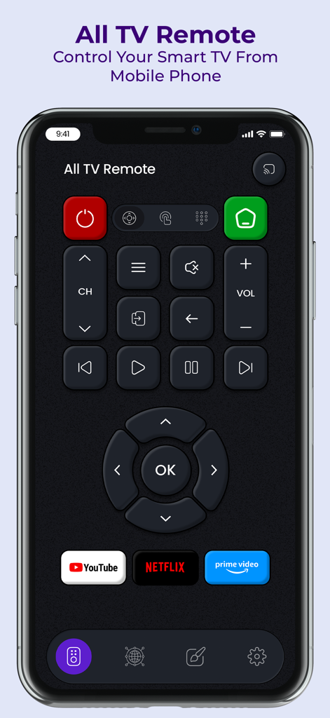 All TV Remote Control APP - iPhone-Bildschirm zeigt eine universelle TV-Fernbedienungsoberfläche mit Wiedergabetasten und Verknüpfungen zu Streaming-Apps wie Netflix und YouTube.