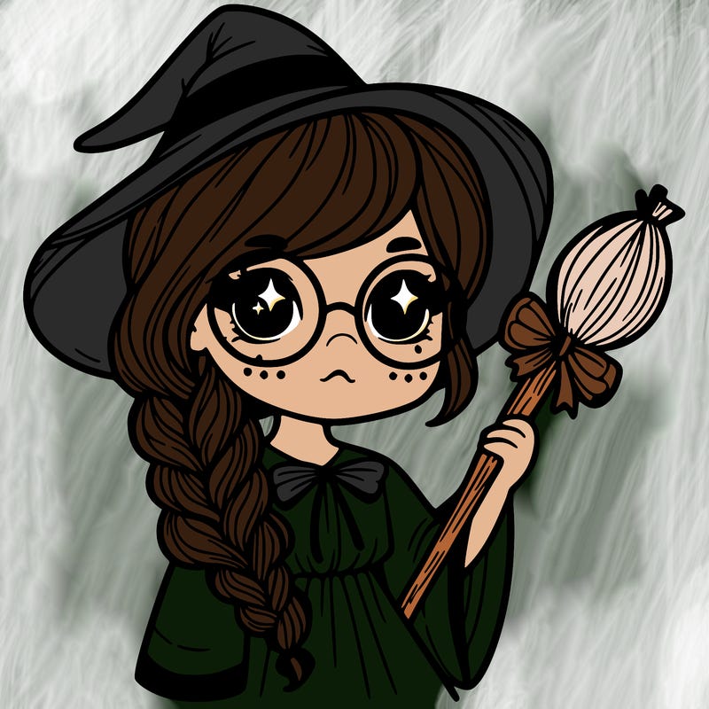 a witch with a braid and two glasses