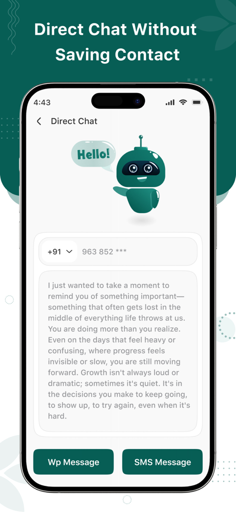 Web Scanner ® - Web Scanner app screen showing the direct chat feature to message numbers without saving contacts
