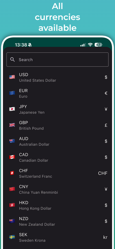 Shopping Calculator. - Una lista de monedas globales como USD, EUR y JPY disponibles en la pantalla de selección de moneda de la aplicación Calculadora de Compras.