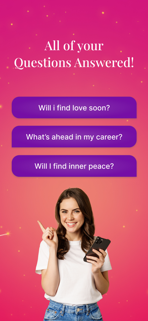 Psychic Reading Prediction - Una mujer sosteniendo un teléfono con botones para preguntas sobre amor, carrera y paz interior