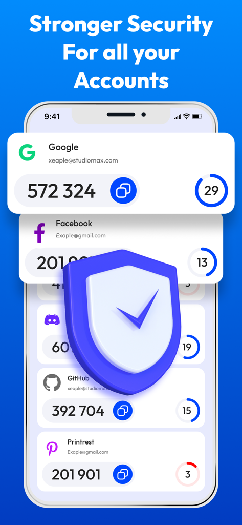 Pantalla de la App Authenticator mostrando códigos 2FA para múltiples cuentas como Google y Facebook con un icono de escudo de seguridad.