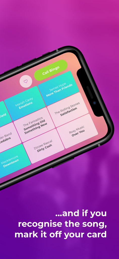 Rock and Roll Bingo Music Quiz - Digital music bingo card on a smartphone with artist names and a Call Bingo button