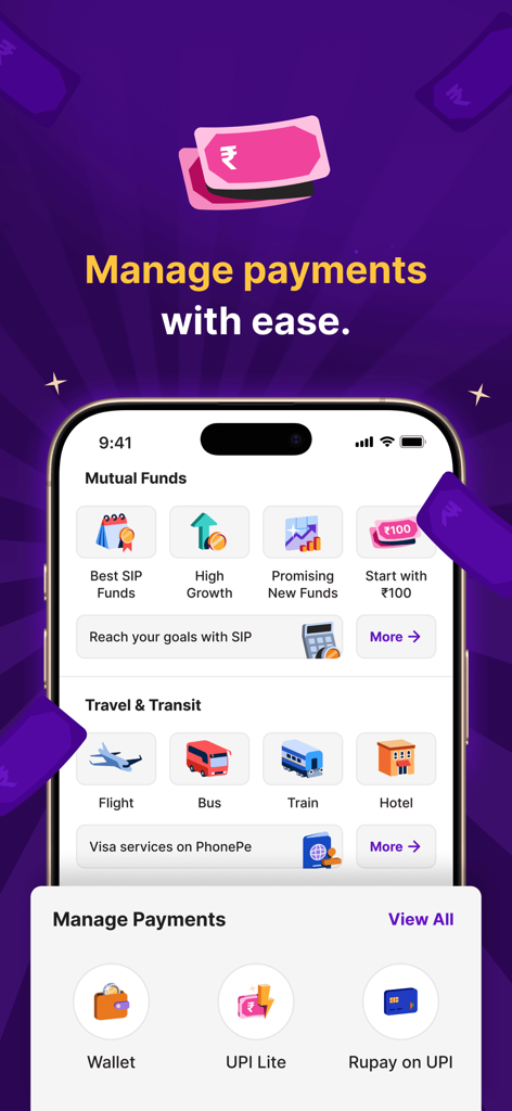 PhonePe mobile app interface showing mutual funds and travel services