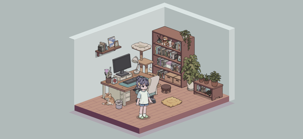 My Little Pomodoro: Focus - 마이 리틀 뽀모도로 앱의 캐릭터와 고양이가 있는 꾸며진 아늑한 공부방의 등각 뷰