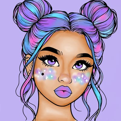 realistic girl with two buns on her hair and lips