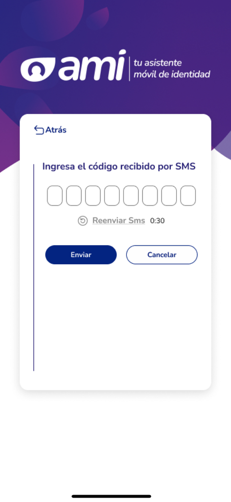 Interfaz de la aplicación Ami Ven para introducir un código de verificación SMS de ocho dígitos