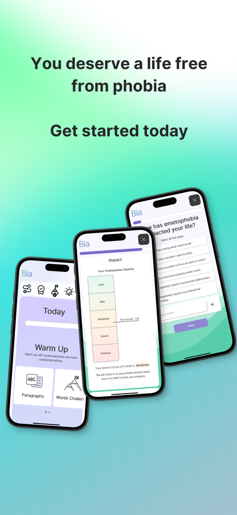 Bia - Three smartphone screens displaying Bia app's phobia recovery tools and progress tracking interface.