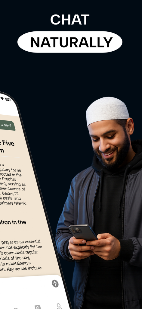A man using the Ilm AI Quran app to chat naturally for Islamic guidance