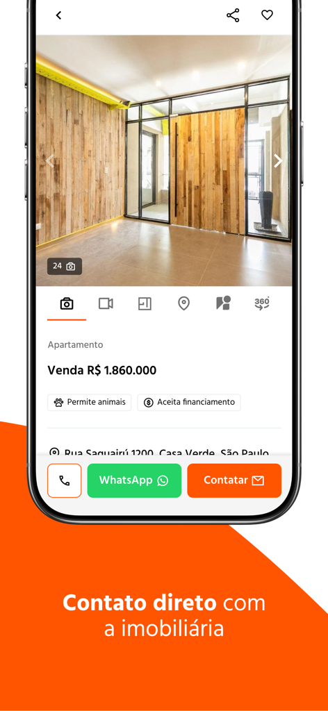 Oberfläche der Imovelweb-App, die Details einer zum Verkauf stehenden Wohnung und Schaltflächen für den direkten Kontakt über WhatsApp und E-Mail anzeigt.