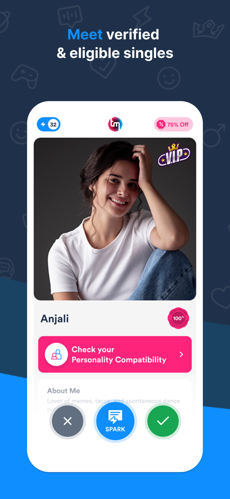 진지한 중매를 위한 높은 신뢰 점수를 가진 검증된 프로필을 보여주는 TrulyMadly 데이트 앱 인터페이스