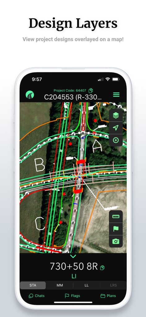 OnStation - Digital Stationing - Mobile interface of OnStation app displaying construction design layers overlaid on a satellite map for digital stationing.