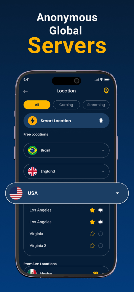 eEagle VPN - Fast & Secure - eEagle VPN app interface showing a list of global anonymous servers including Brazil England and USA