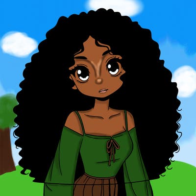 a black anime girl with long afro hair