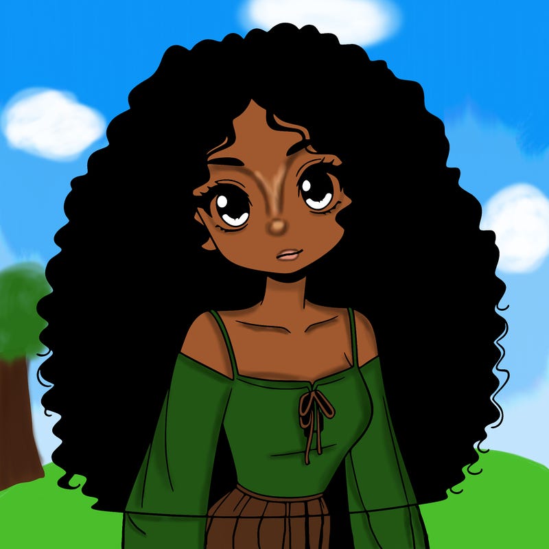 a black anime girl with long afro hair