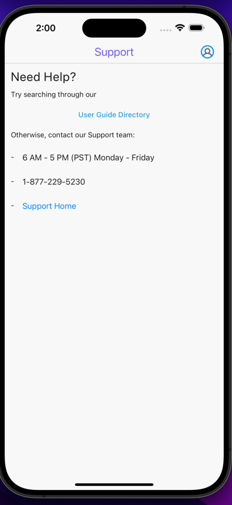 StaffReady support screen with contact information and support hours