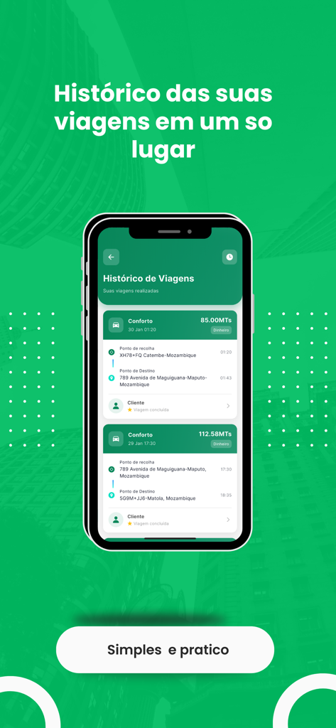 Rucca - Para Motoristas - A smartphone displaying the travel history screen of the Rucca mobility app with trip details and pricing