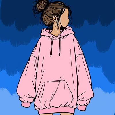 realistic girl with a oversized sweatshirt on and a bun