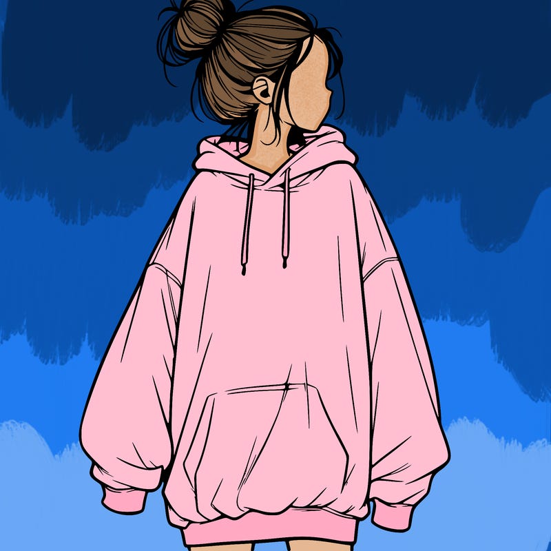realistic girl with a oversized sweatshirt on and a bun