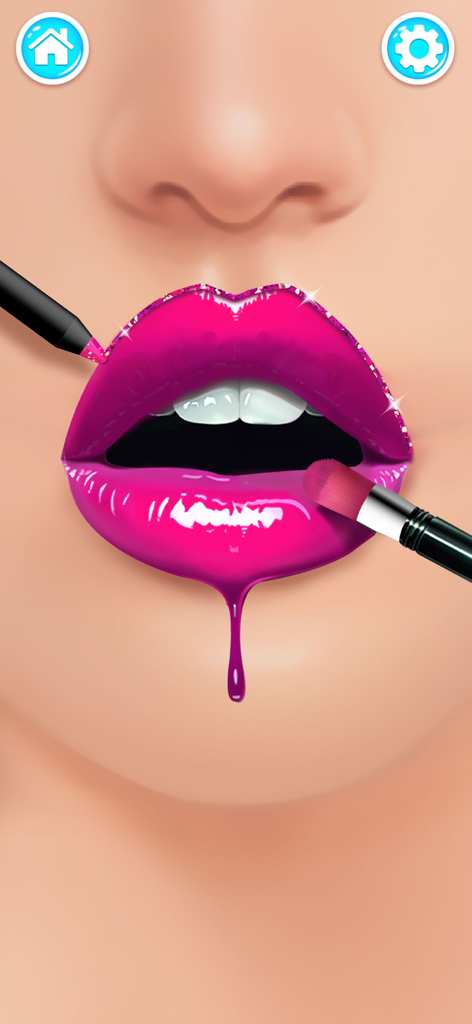 A close up of pink glittery lip art being applied with a makeup brush and lip liner