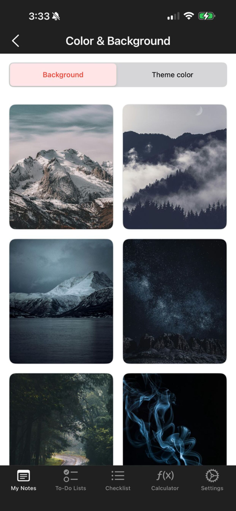 Note Book App - Una selección de fondos de pantalla con temática de la naturaleza para personalizar la interfaz de la App Bloc de Notas