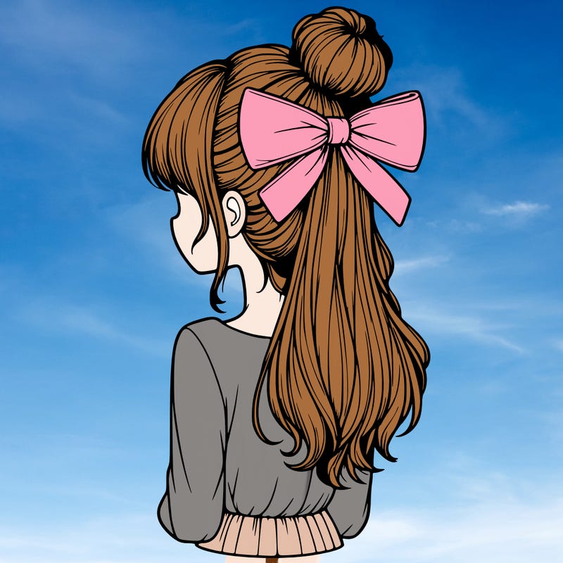 realistic girl  with hip length hair a bun and a big bow on the back of head