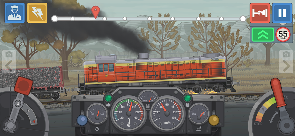 Train Simulator: Railroad Game - Gameplay de Train Simulator Railroad Game mostrando una locomotora diésel y controles del tablero.