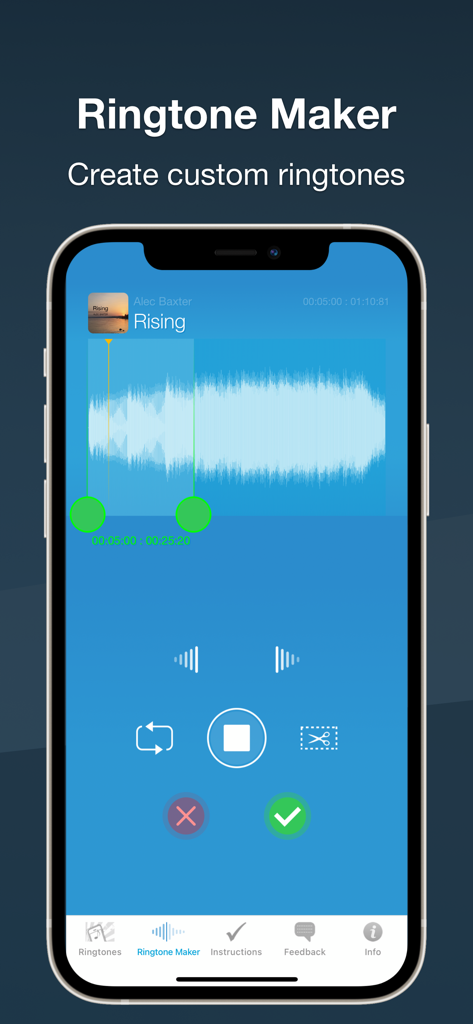 Ringtones for iPhone: Ring App - Interface du créateur de sonneries pour créer des sonneries iPhone personnalisées à partir de fichiers audio