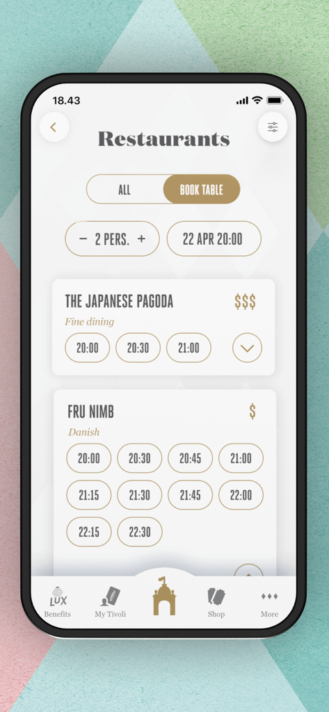 Tivoli Gardens - Tivoli Gardens app restaurant reservation interface showing available booking times for The Japanese Pagoda and Fru Nimb.