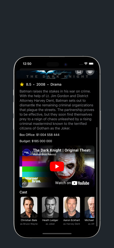 SwipeFlix - Explore New movies - Tela de informações do filme no aplicativo SwipeFlix com enredo, elenco e trailer de vídeo