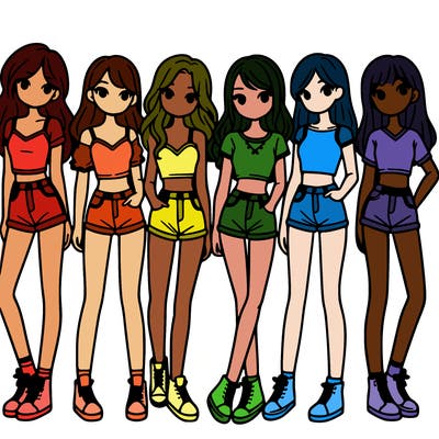 a group of girls wearing crop tops and shorts
