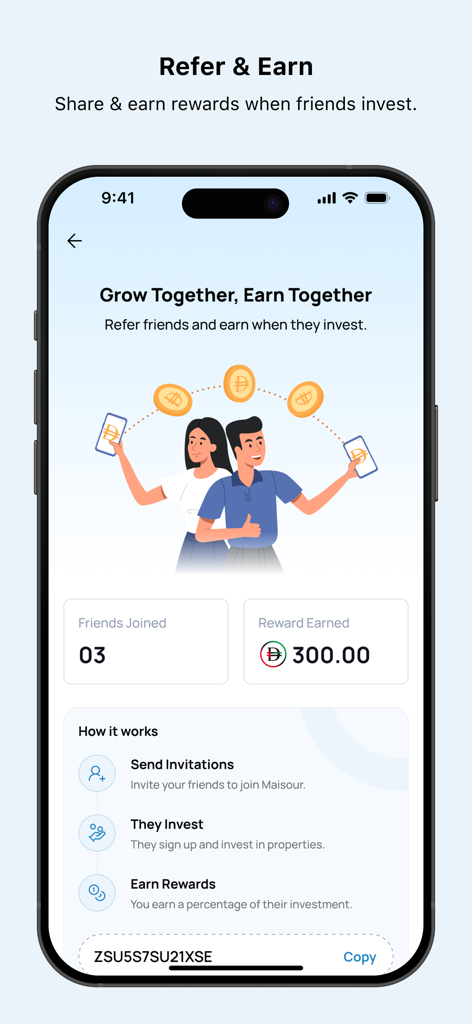 MAISOUR - ميسور - MAISOUR app referral screen showing rewards for inviting friends to invest in Dubai real estate