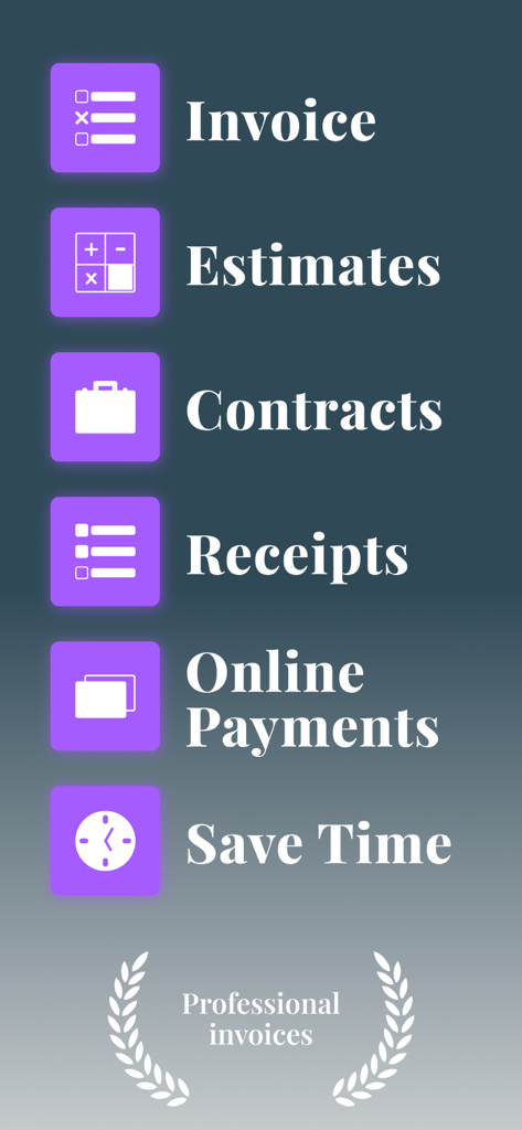 Invoice Maker - PDF & Billing - Una lista de funciones para Creador de Facturas, incluyendo facturas, presupuestos, contratos y recibos