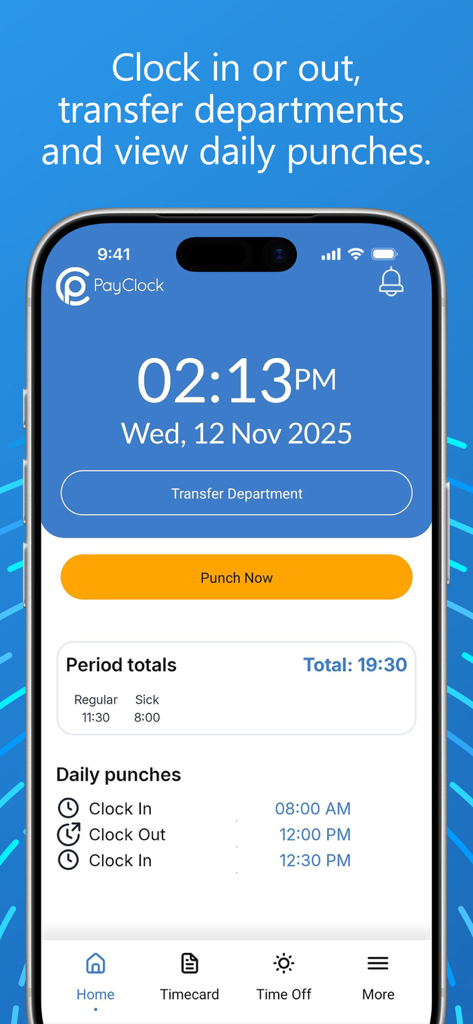 PayClock - PayClock mobile app interface displaying work hours and punch in button