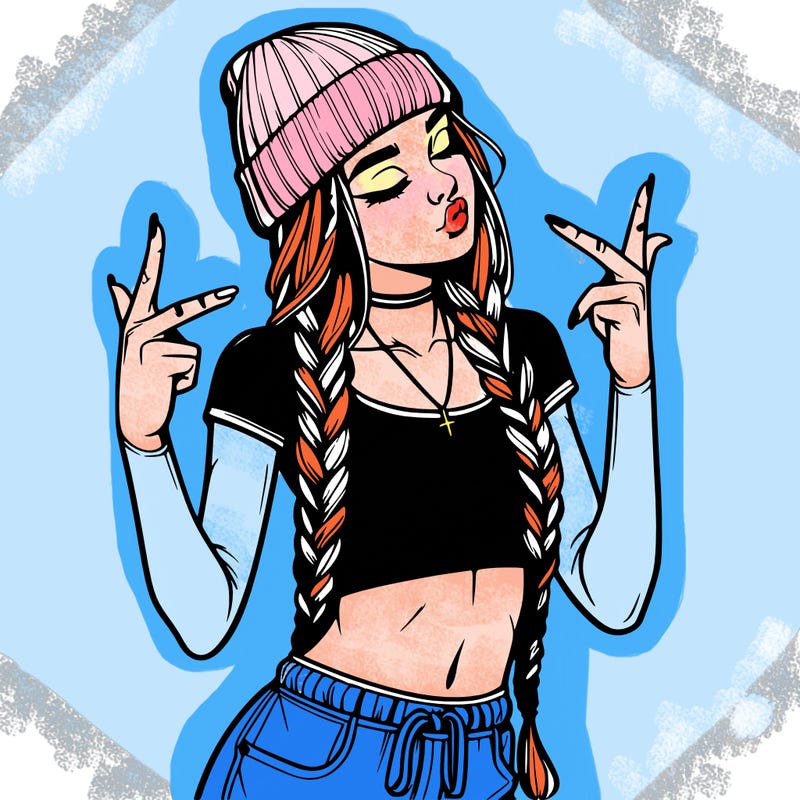realistic teenage girl with braids and a beanie and crop top doing 🫶🏼