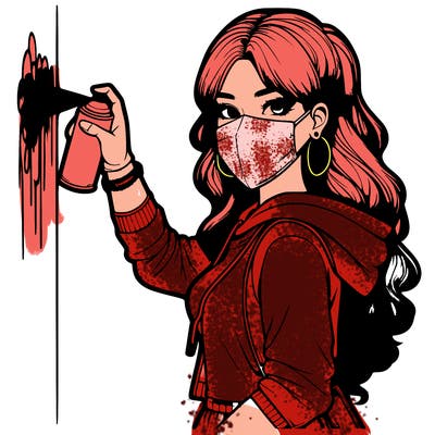 realistic girl with mask spray painting a wall