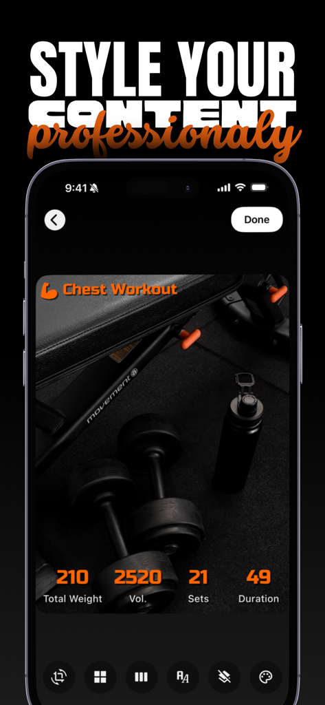 Fitfolio アプリの画面に、重量、ボリューム、セットなどの統計情報を含む、ソーシャル共有用の胸部ワークアウトの要約が表示されます。