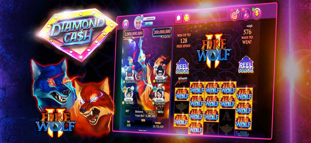 Diamond Cash Slots 777 Casino con el juego de tragamonedas Fire Wolf II, gráficos de lobos y pantalla de jackpot