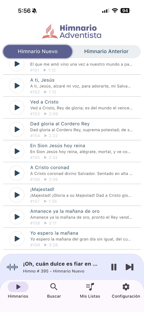 Himnario Adventista Completo - Interface of the Himnario Adventista Completo app showing a list of hymns from the 2009 version with play buttons and audio player control