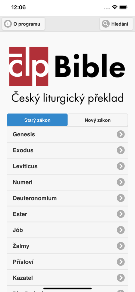 Main menu of the Bible CLP app featuring a list of Old Testament books in Czech