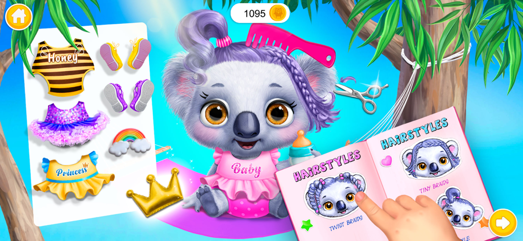 Baby koala Maggie with purple hair being styled in the Animal Hair Salon Australia app